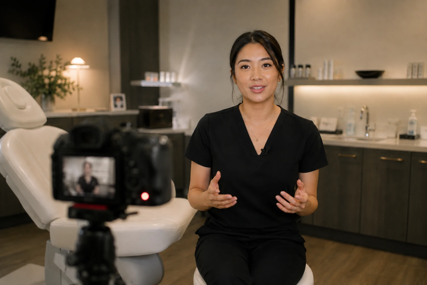 Aesthetic provider filming educational social media content in a modern treatment room.