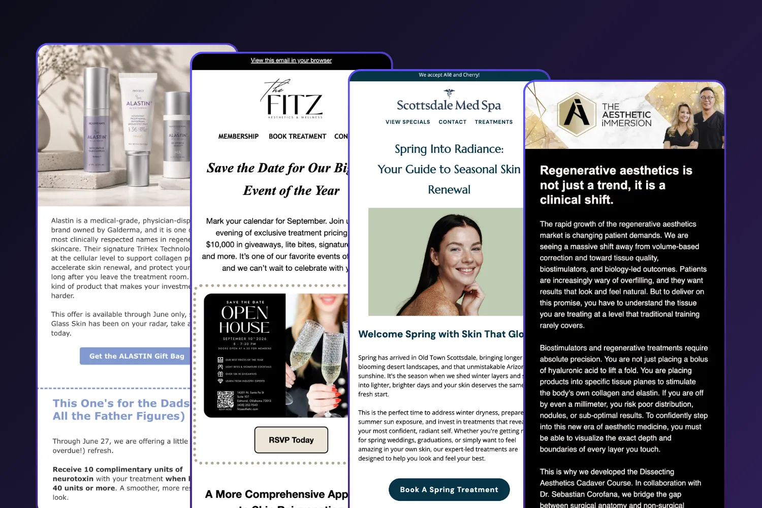 Aesthetics email marketing campaigns featuring treatment promotions, events, education, and patient engagement content