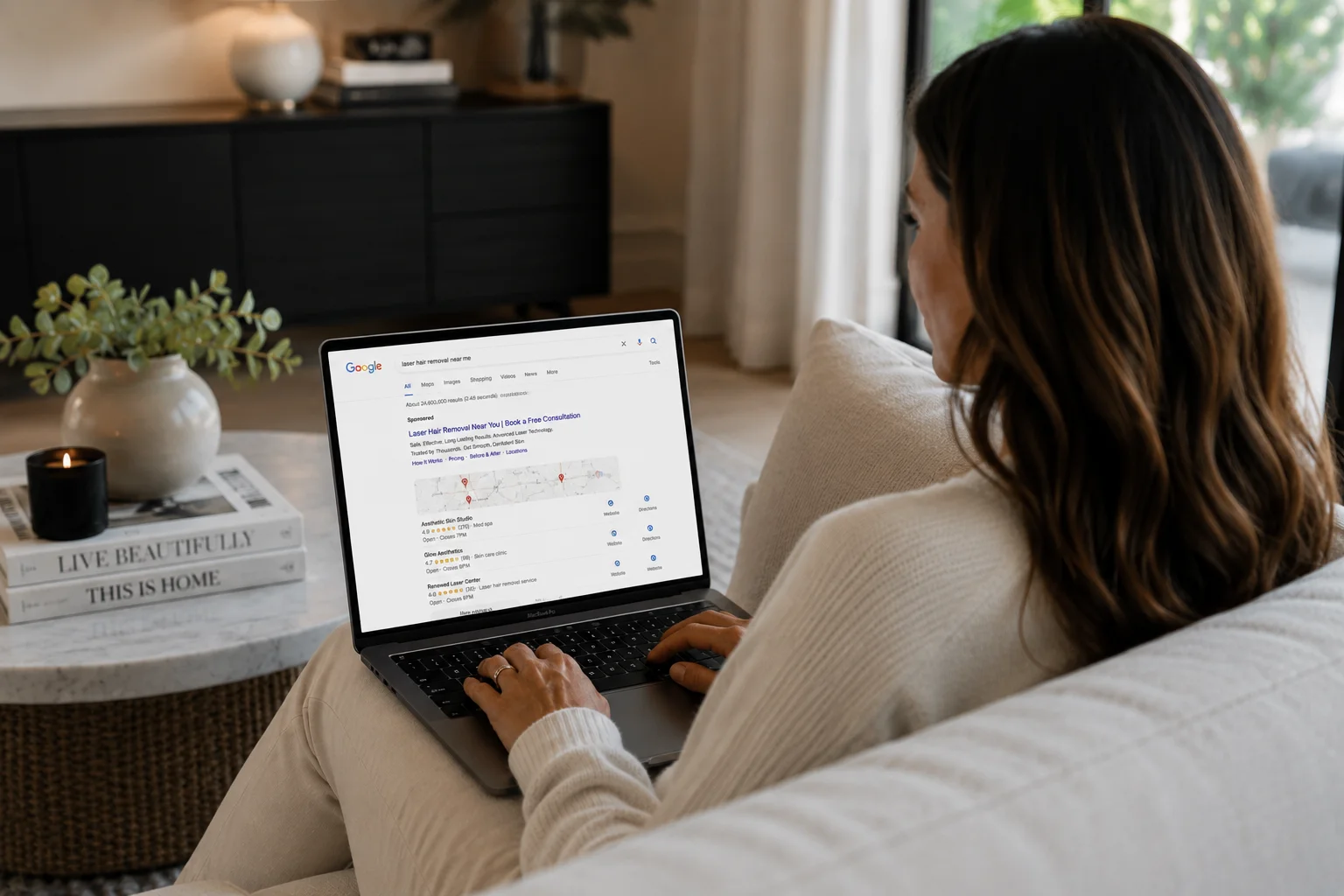 Woman researching laser hair removal on Google as part of her aesthetics treatment search.