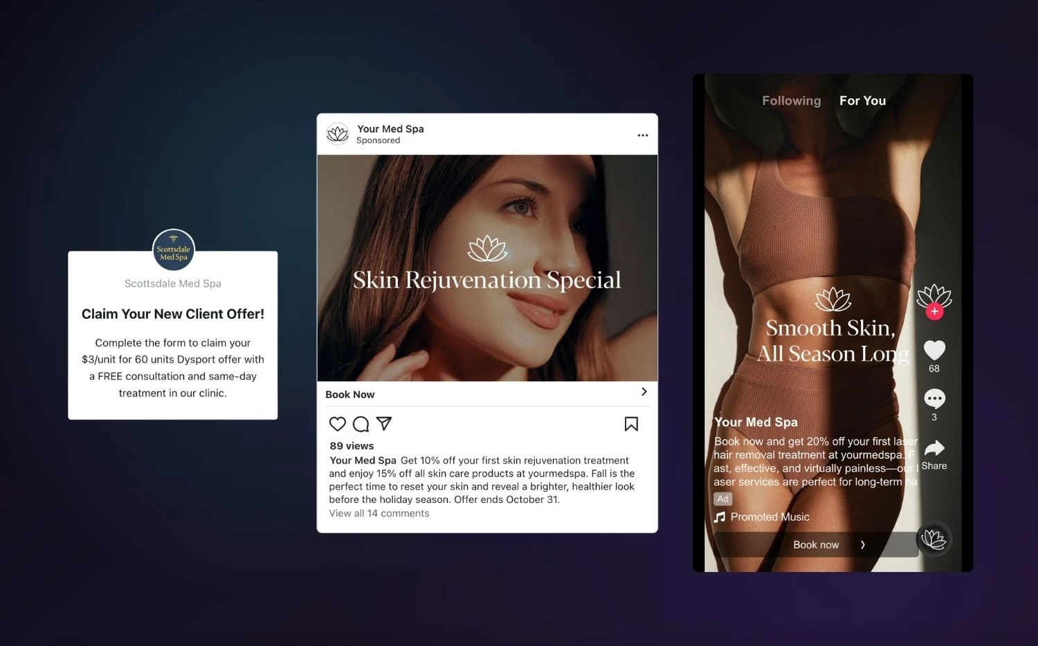 Paid social media ad campaign promoting seasonal med spa treatments and educational content for client awareness and retargeting
