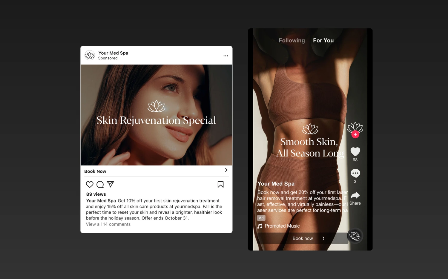 Paid social media ad campaign promoting seasonal med spa treatments and educational content for client awareness and retargeting