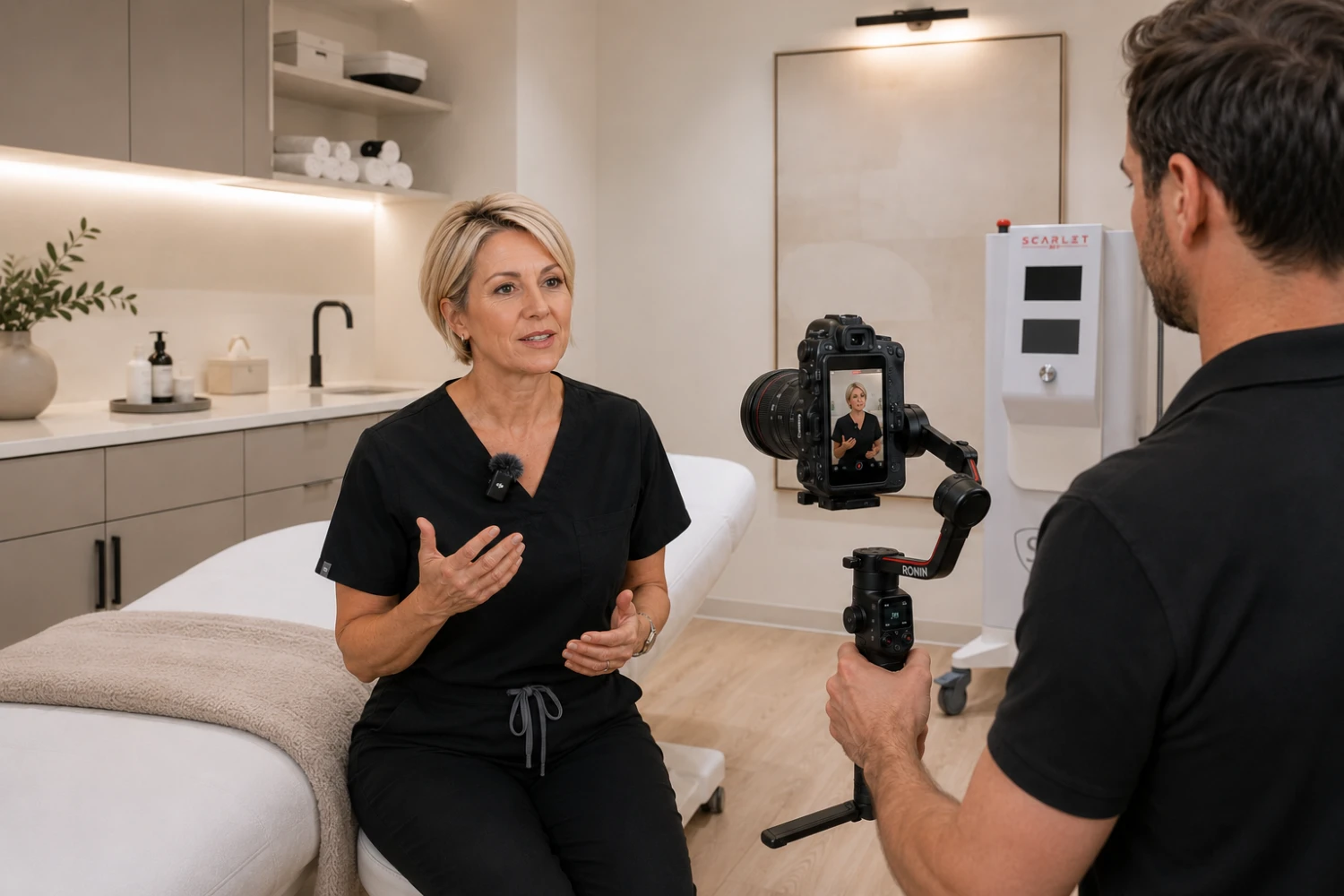 Provider filming educational social media content in a modern treatment room