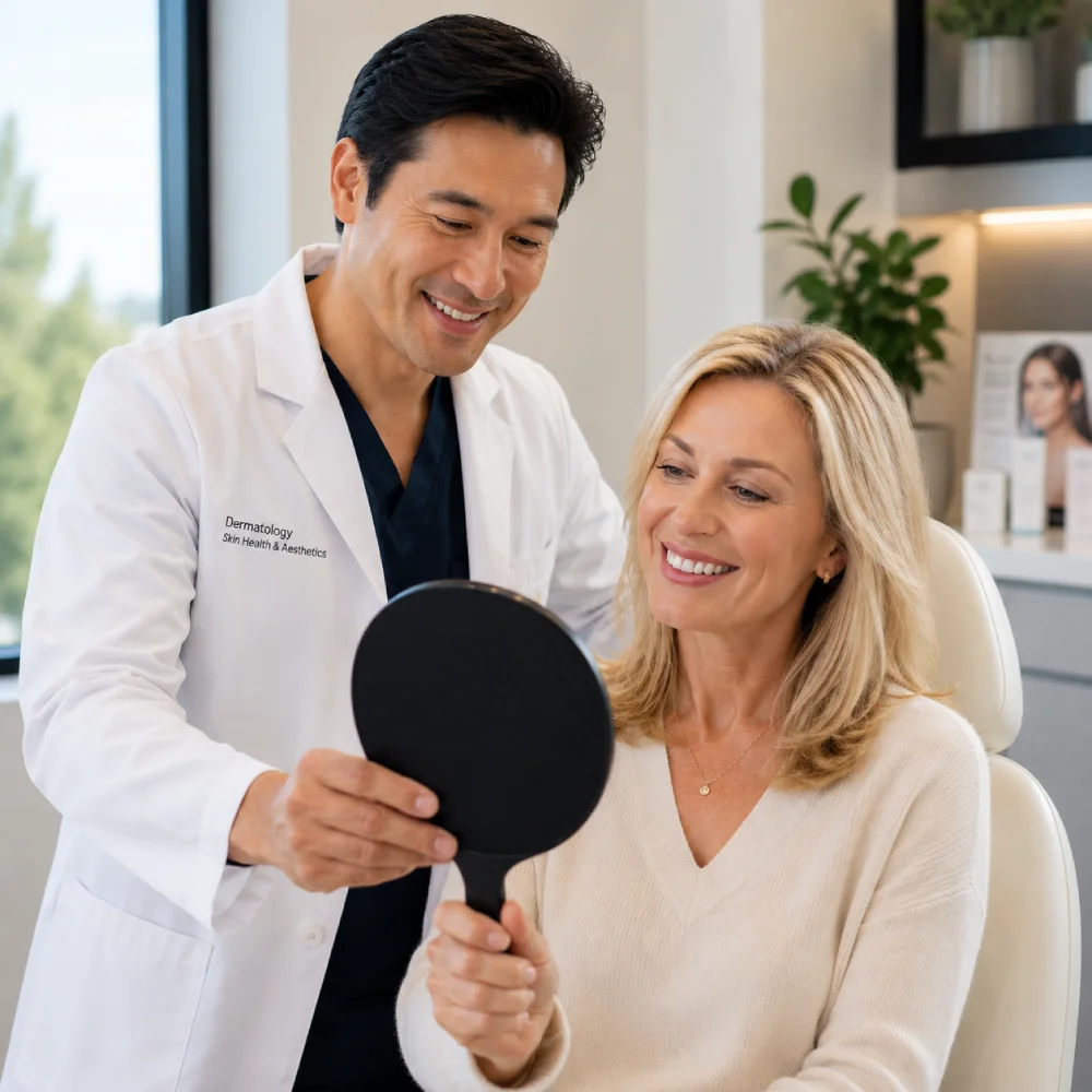 Cosmetic dermatologist consulting with a patient before treatment