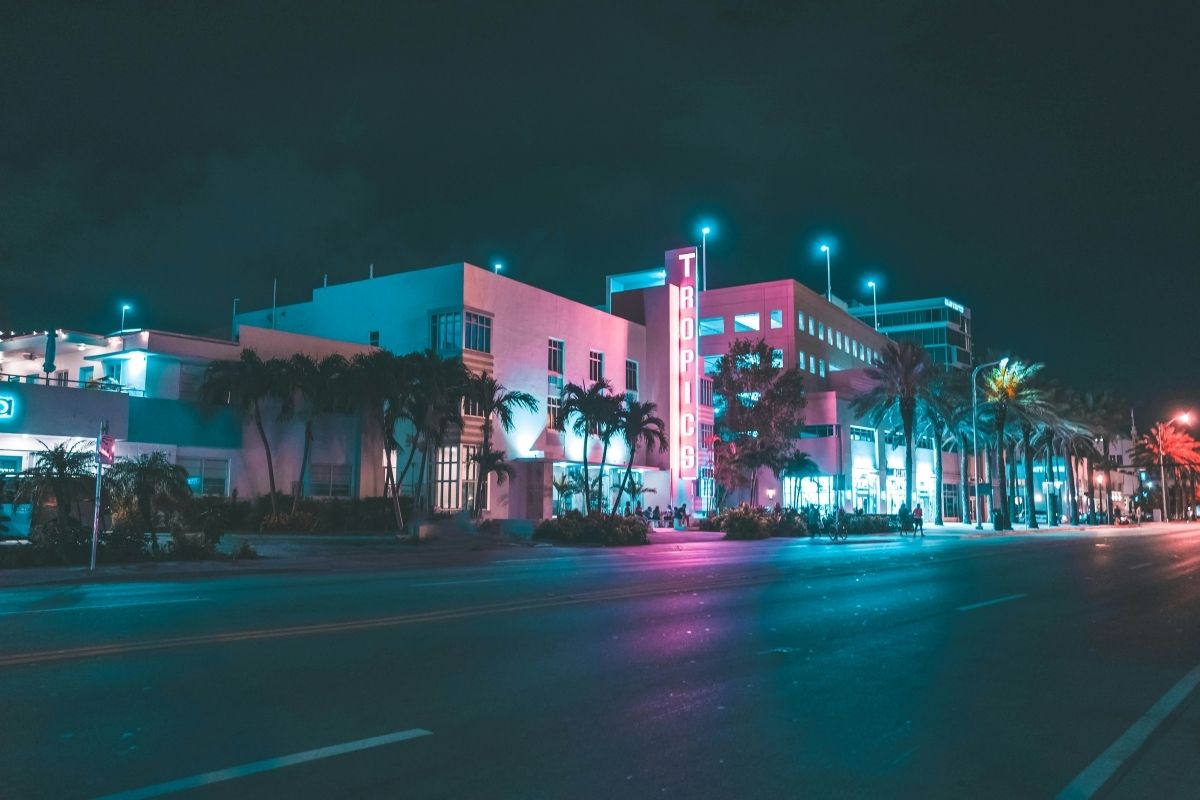 Miami art deco buildings lit at night