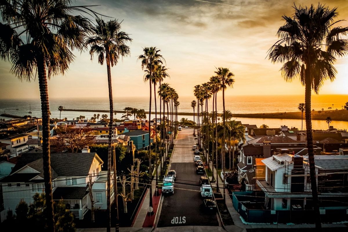 Orange County coastal neighborhood at sunset