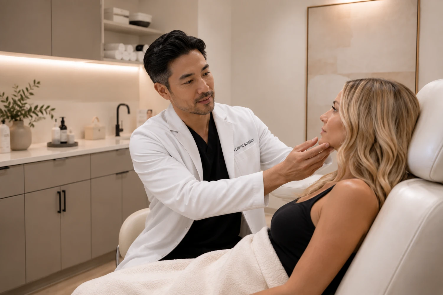 Plastic surgeon consulting with a patient in a Boston treatment room