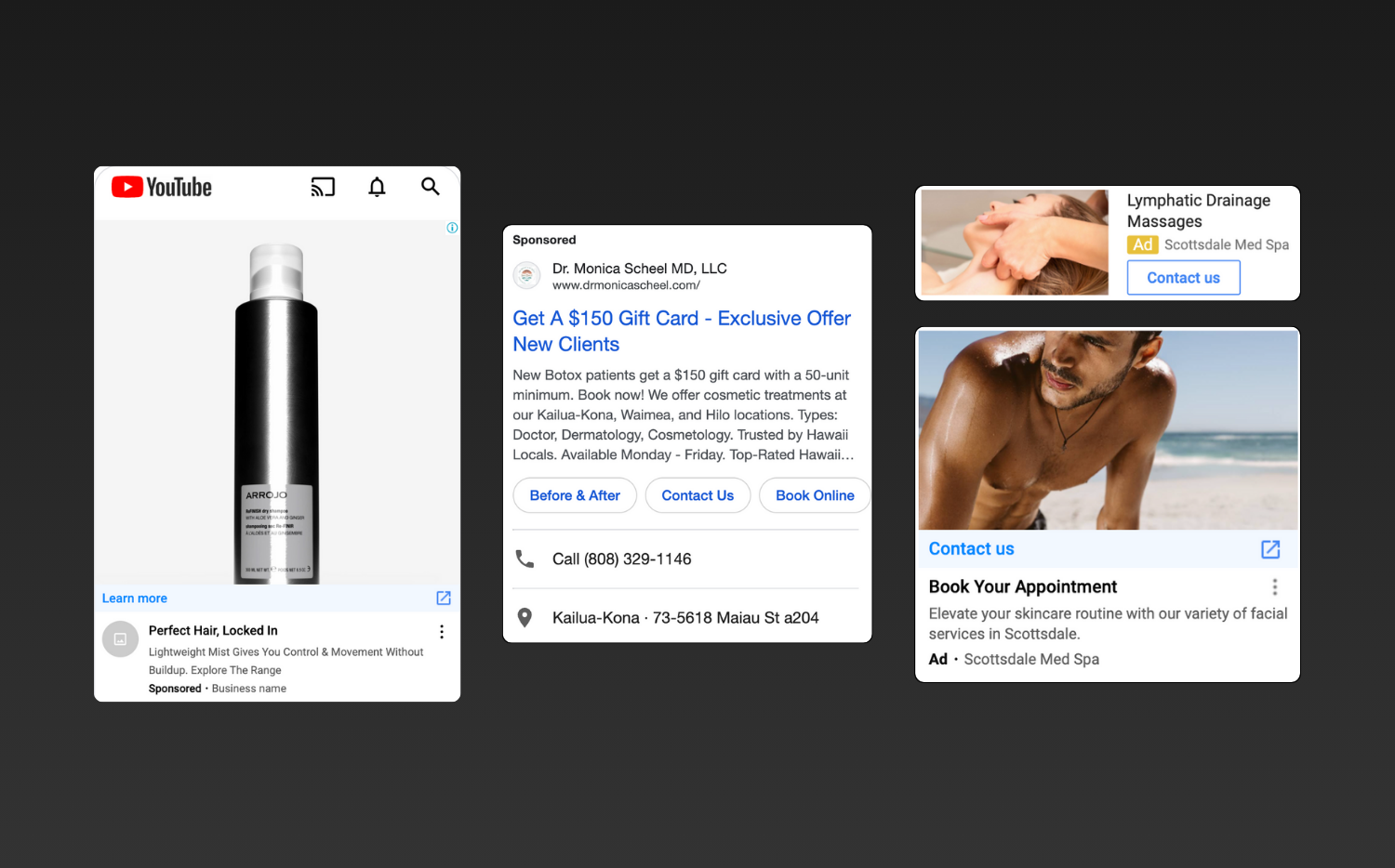 Examples of Google Ads for med spa marketing, haircare products, massage services, and skincare treatments displayed across YouTube, search results, and display ads.