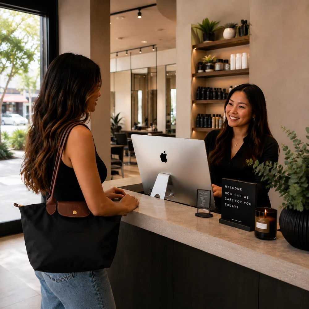 Hair salon client speaking with a front desk team member before booking